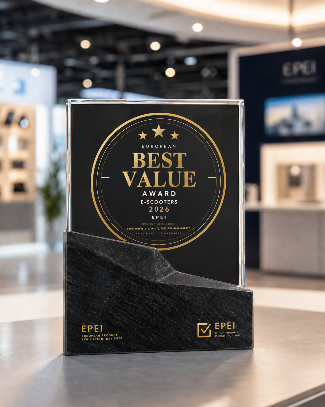 Der European Best Value Award 2026 als physische Auszeichnung in einer Ausstellung